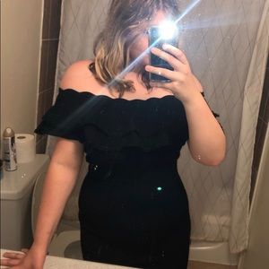 Knit fitted black off the shoulder dress